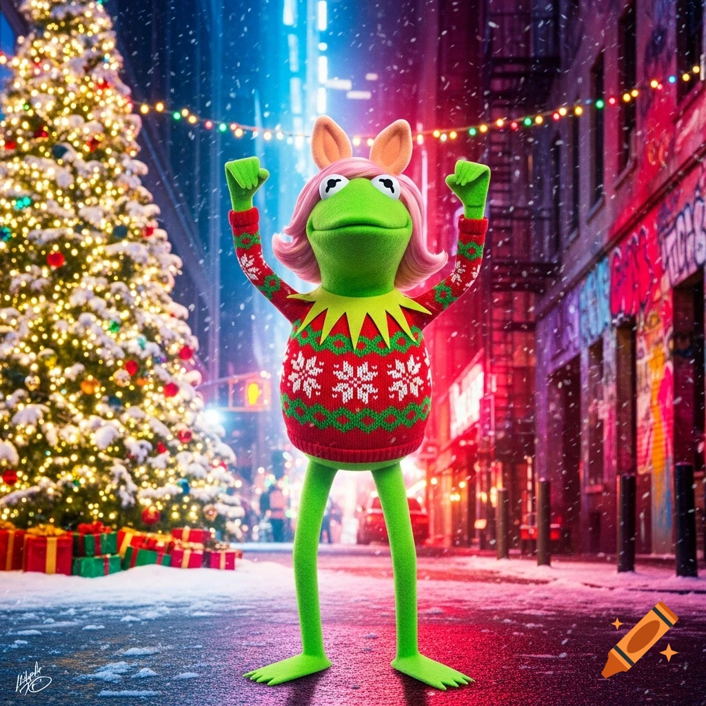 A green frog-like character with pink hair and bunny ears in a red Christmas sweater raises its arms on a snowy street with a lit Christmas tree.