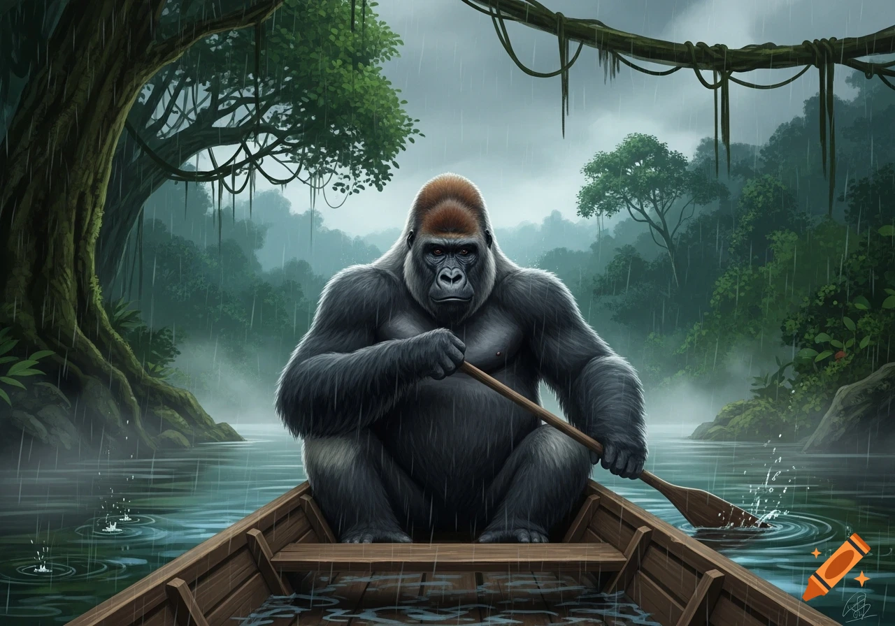 A serious-looking gorilla with reddish fur on its head sits in a wooden boat, paddling on a river in a rainy jungle.