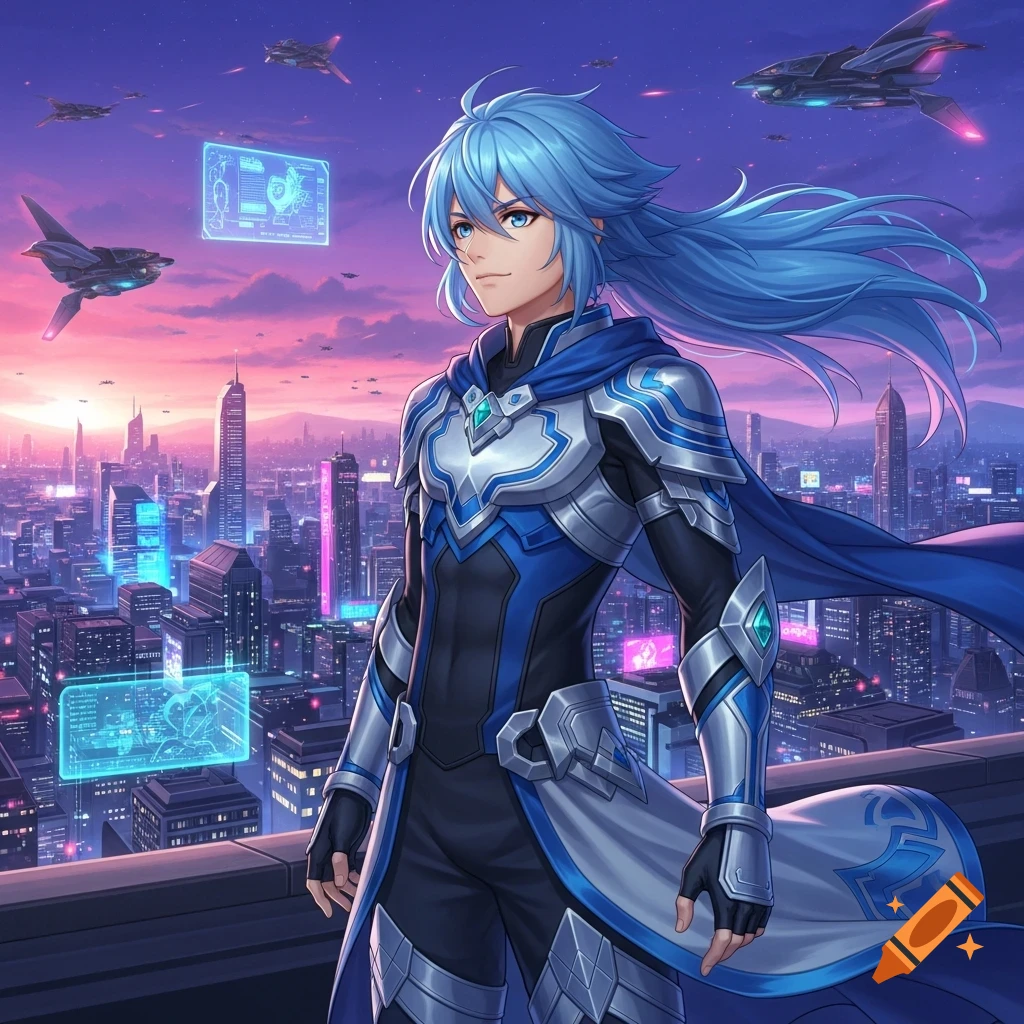 Anime man with blue hair and armored suit on a rooftop overlooking a futuristic city at sunset with flying vehicles.