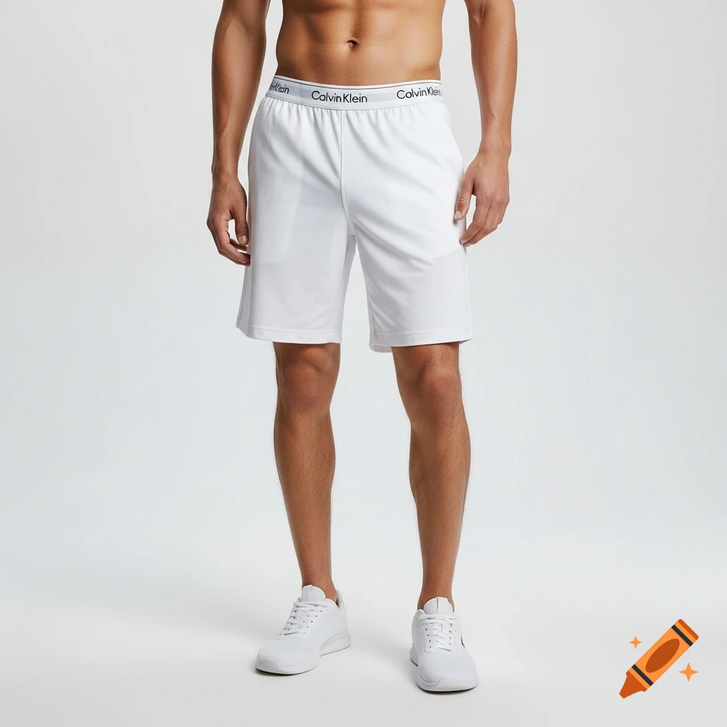 A shirtless man in white Calvin Klein shorts and sneakers against a white background.
