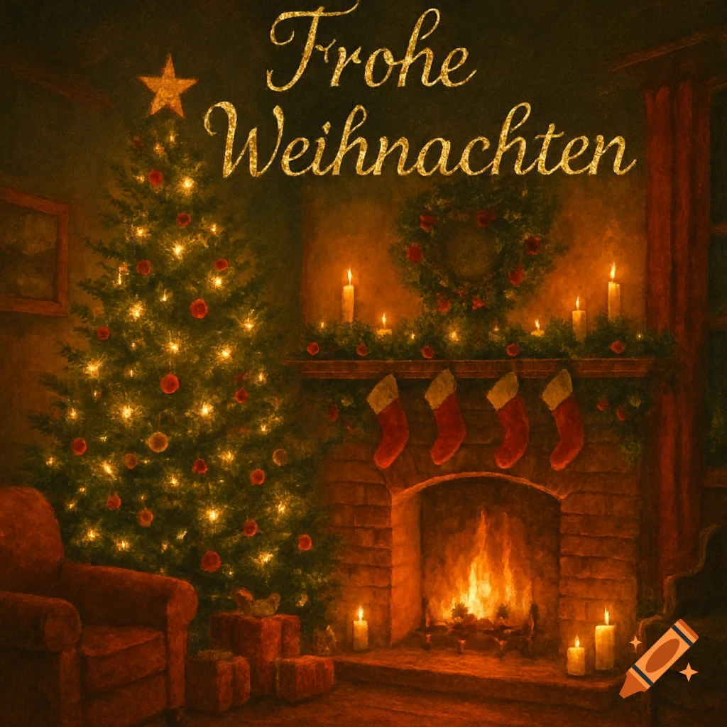 A warm, painterly Christmas scene with a decorated tree, glowing fireplace, stockings, and the text Frohe Weihnachten.