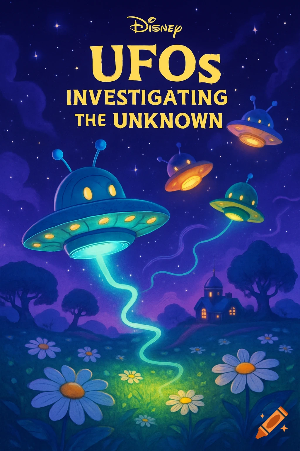 Cartoon Disney poster for 'UFOs Investigating The Unknown' with alien ships over a moonlit flower field and house.