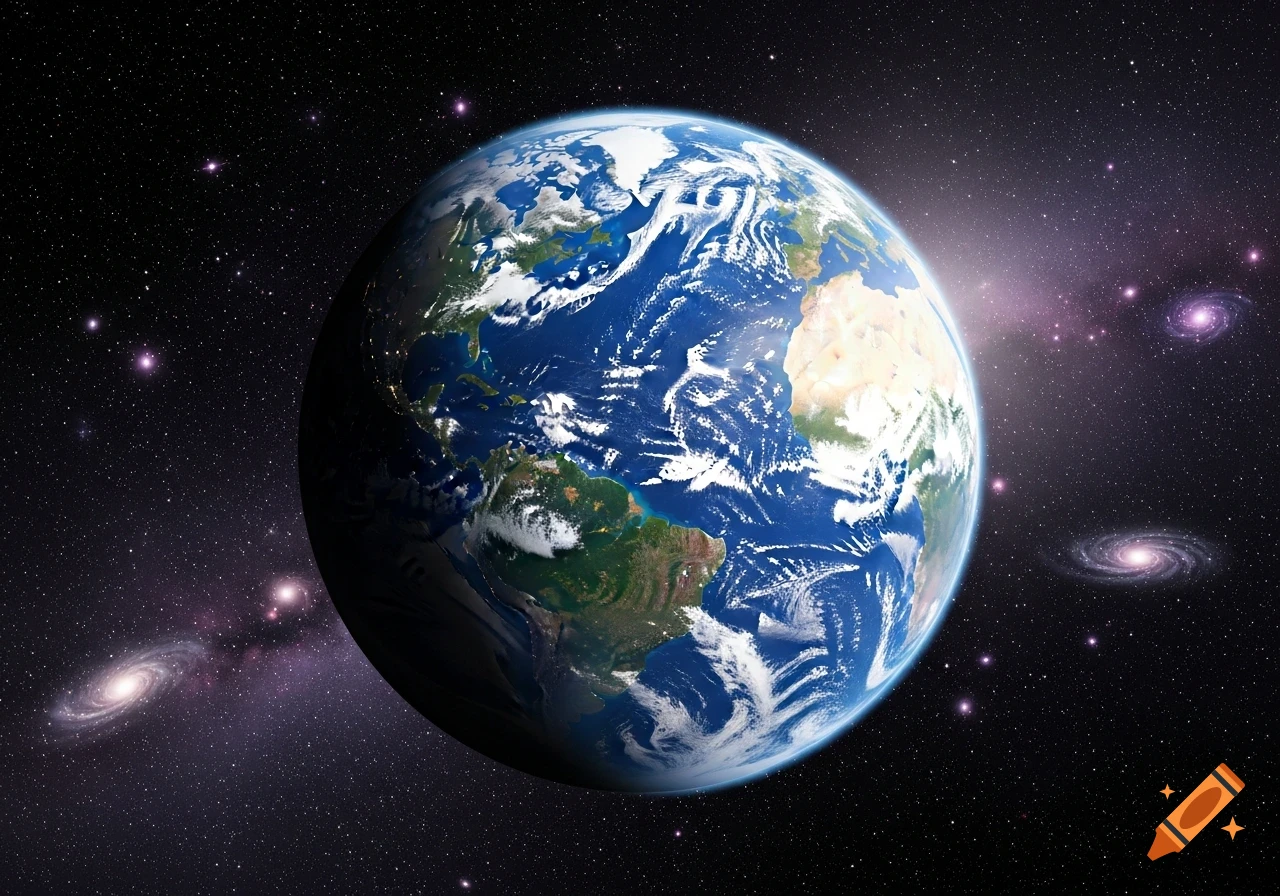 Photorealistic view of Earth from space, showing continents, clouds, stars, and galaxies.