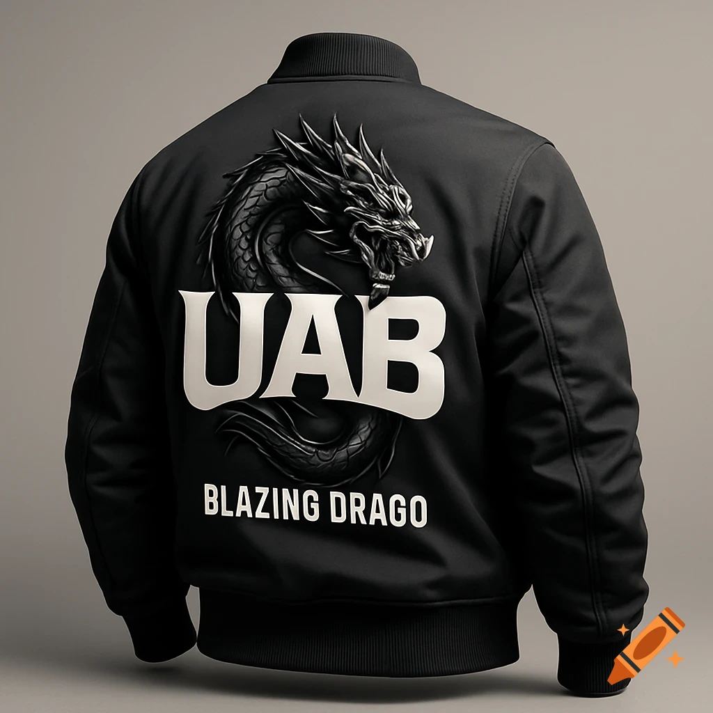 A black bomber jacket with a bold, relief-like black dragon graphic on the back. Large white "UAB" text is prominently displayed, with "BLAZING DRAGO" text below it.