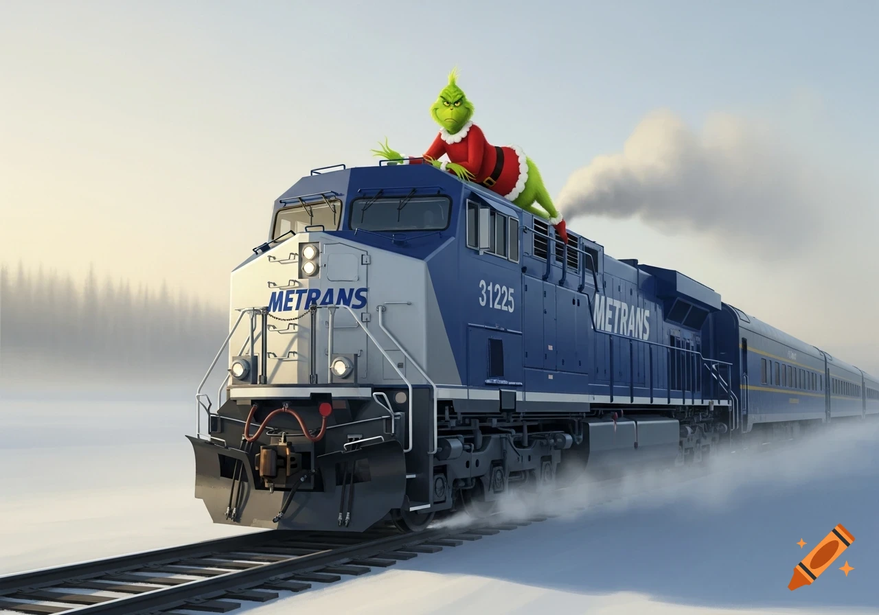 The Grinch in a Santa suit lies on top of a blue and white "METRANS" locomotive, traveling through a snowy illustrated landscape.