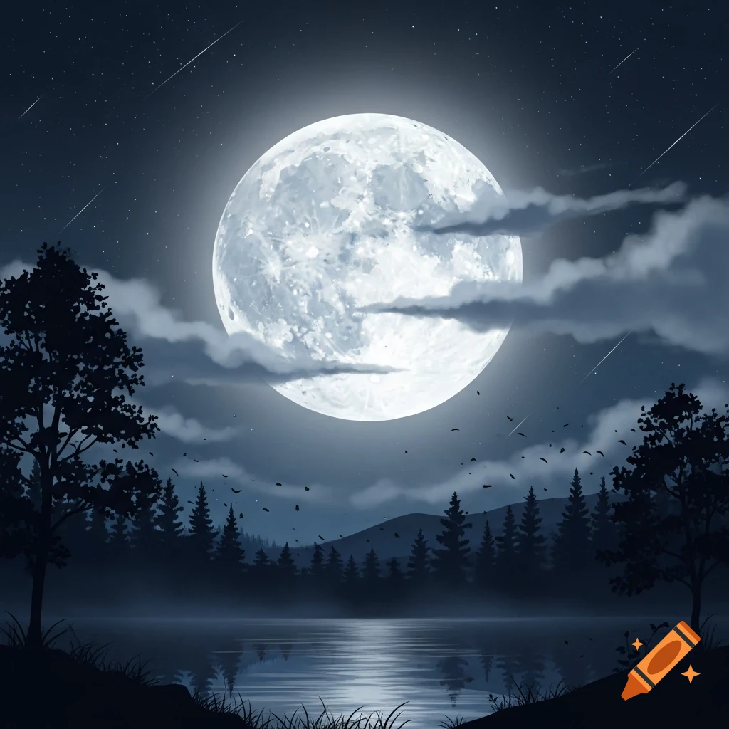 A bright full moon illuminates a serene lake surrounded by dark silhouetted trees and mountains under a star-filled night sky, with some shooting stars.