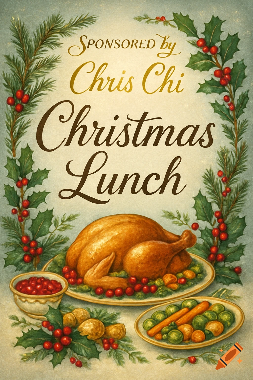 Vintage watercolor Christmas invitation with roasted turkey, sides, and holly frame. Text: 'Christmas Lunch', 'Sponsored by Chris Chi'.