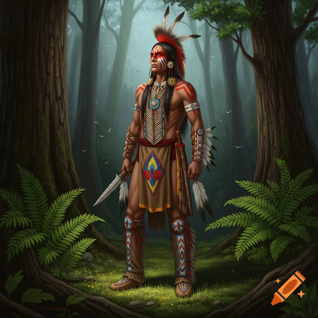 A proud Iroquois warrior with face paint and feathers stands in a lush forest, holding a ceremonial knife. Digital painting.