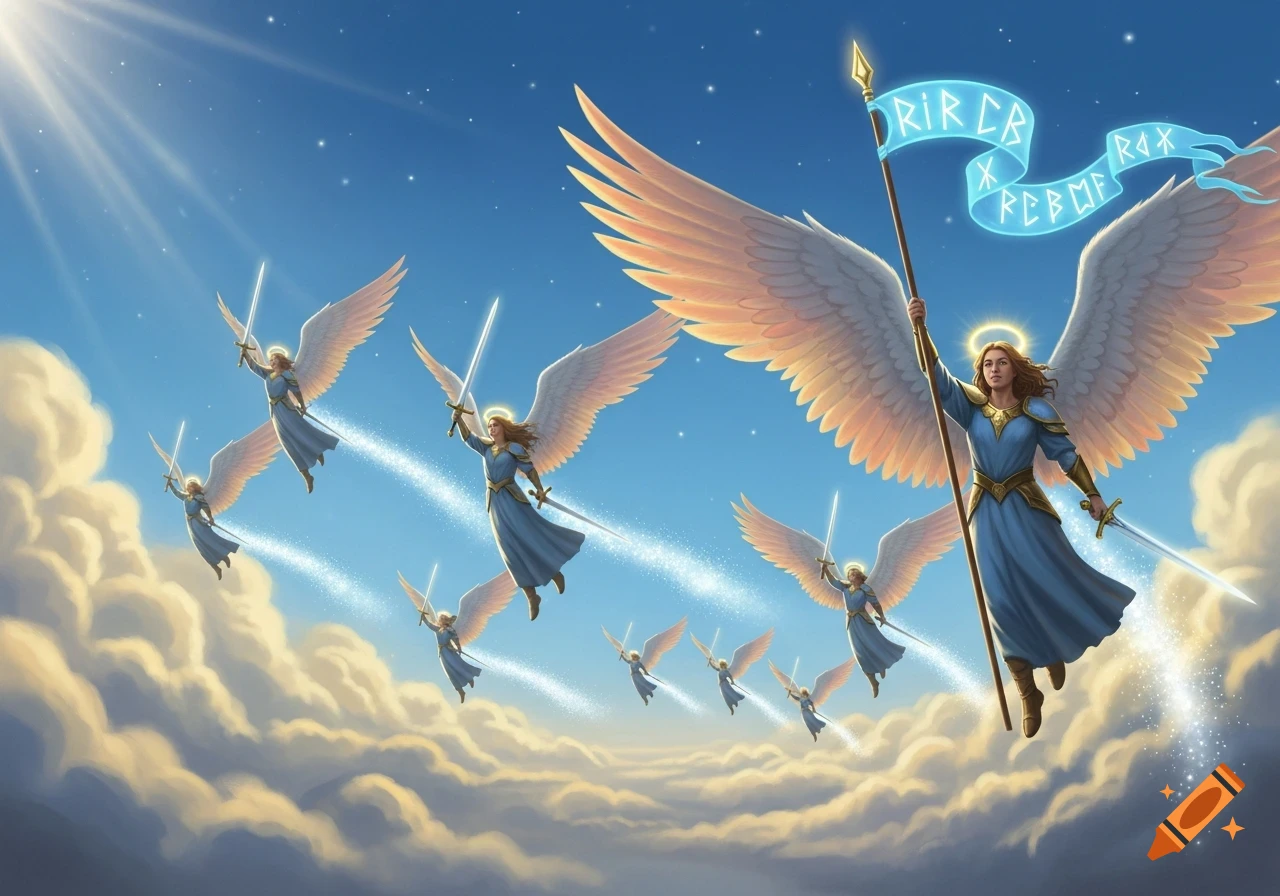 An army of winged angels with swords flies through a bright, cloudy sky, following a leader angel holding a banner.