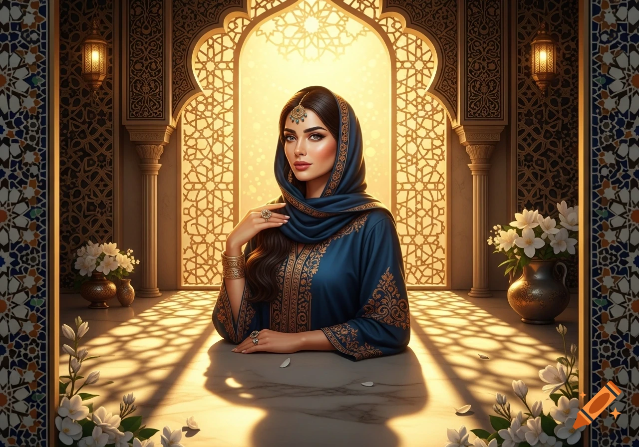 Elegant woman in blue headscarf and ornate dress, posing in a lavish archway with sunlit patterns on a marble table.