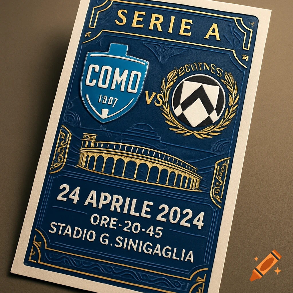 A blue and gold embossed soccer match ticket for Serie A, featuring Como 1907 vs. Udinese, with a stadium illustration and date.
