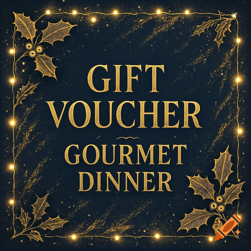 Golden gift voucher for a gourmet dinner on a dark background, framed by holly and string lights.