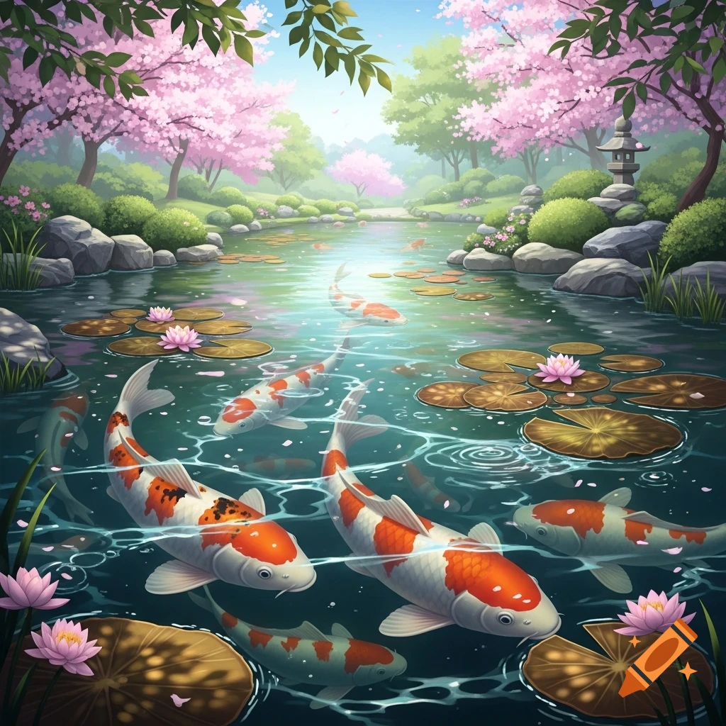 Vibrant Japanese garden with a koi pond, pink cherry blossom trees, lily pads, and a stone lantern.