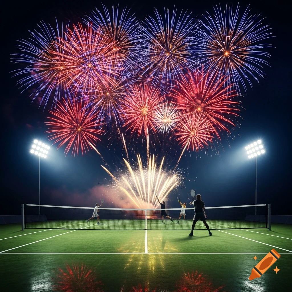 Tennis players on a green court at night under stadium lights and a brilliant fireworks display.