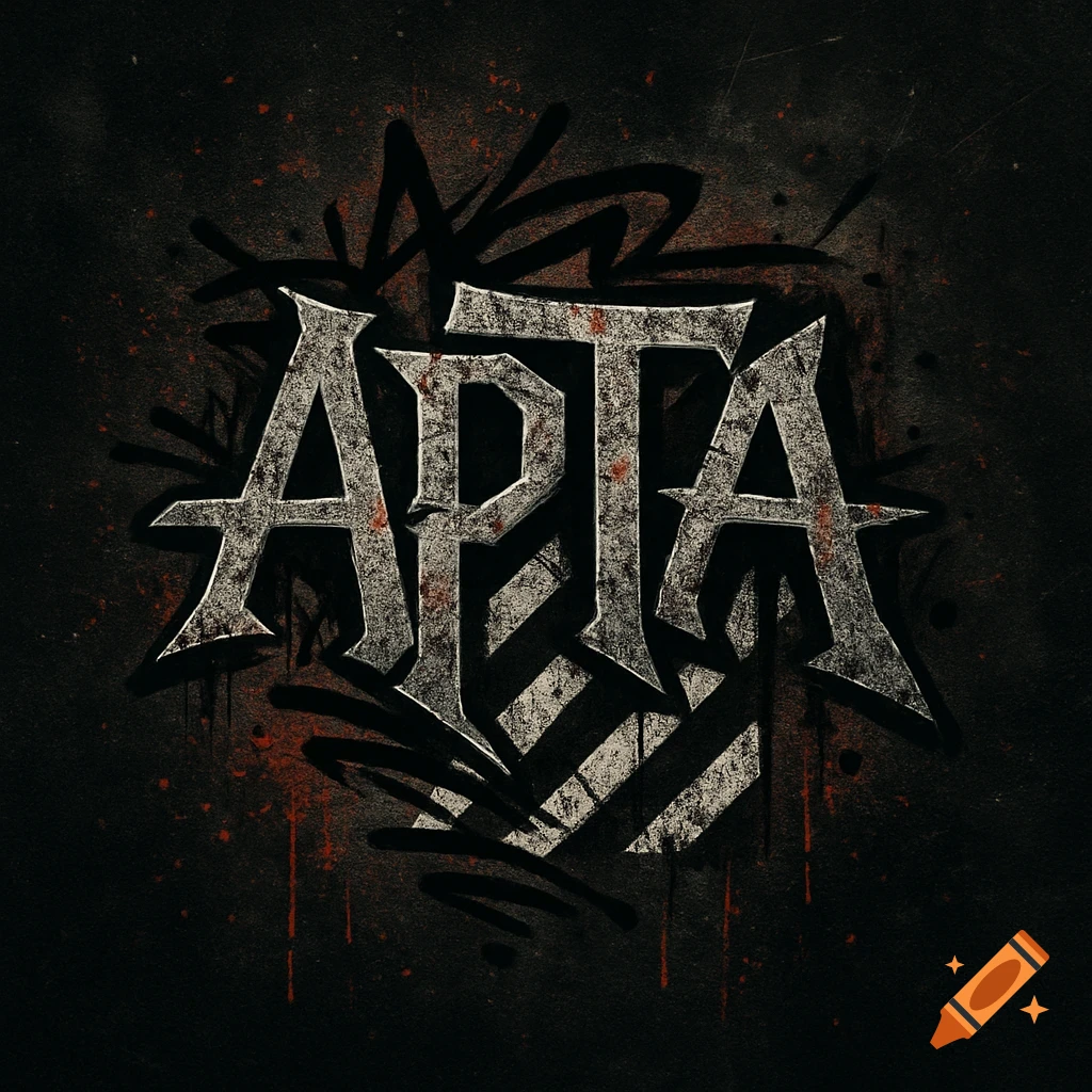 Grunge-style logo for 'APTA' in a distressed, gothic font with graffiti outlines and red splatters on a dark background.
