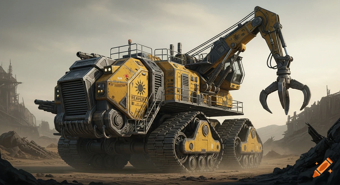 A colossal yellow and black futuristic tracked salvage platform with a large excavator claw, in a desolate, dusty landscape.