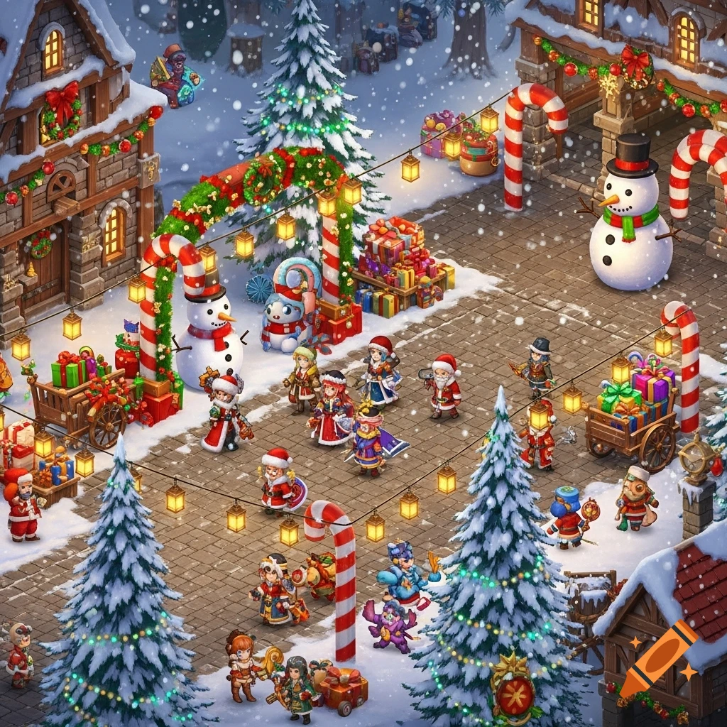 An isometric Christmas village scene with snow, decorated buildings, trees, snowmen, candy canes, and stylized characters in festive outfits.