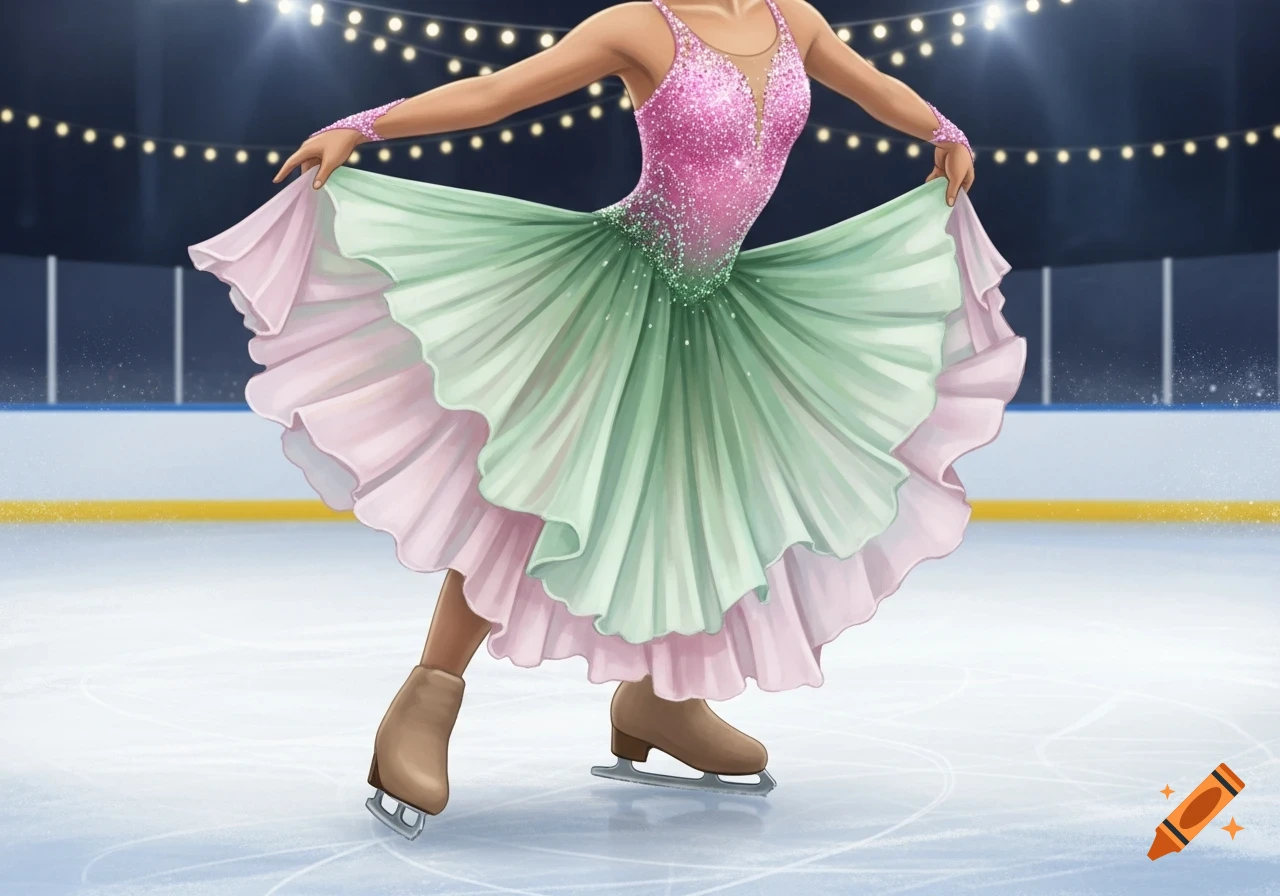 Illustration of a person in a sparkly pink and green ice skating dress performing on an ice rink under stadium lights.