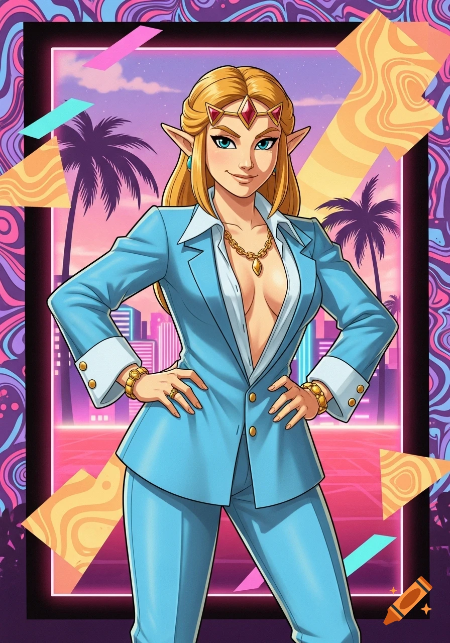 Zelda in a blue leisure suit with a deep V-neck, hands on hips, against a vibrant 80s synthwave background with palm trees.