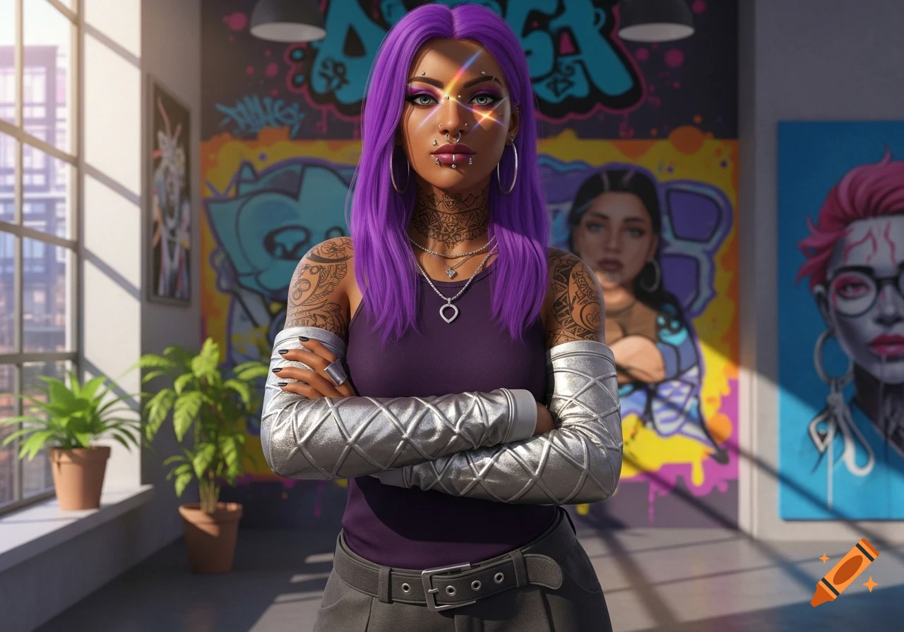 A biracial woman with purple hair, tattoos, and piercings stands with crossed arms in an urban art studio with large windows.