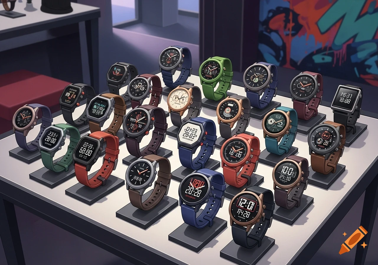 A stylized display of many colorful smartwatches and analog watches on individual black stands, in a modern setting with graffiti-style art in the background.