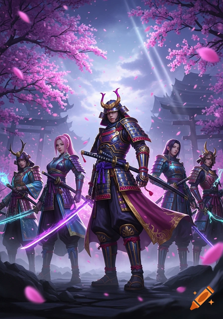 A group of diverse samurai warriors with glowing swords stand under vibrant pink cherry blossom trees, with Japanese pagodas in the background.