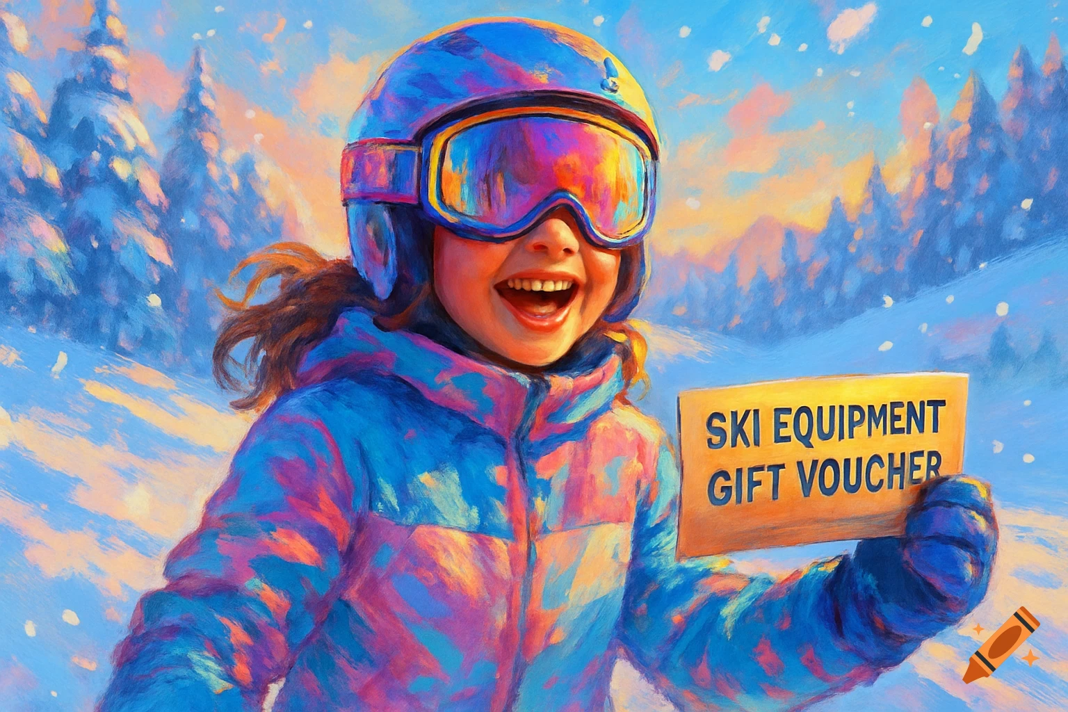 A joyful child in a ski helmet and goggles holds up a 'Ski Equipment Gift Voucher' on a snowy mountain, rendered in a colorful painterly style.