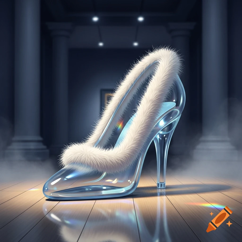 A shimmering glass high heel shoe with a fluffy white fur trim sits on a polished wooden floor in a dimly lit museum.