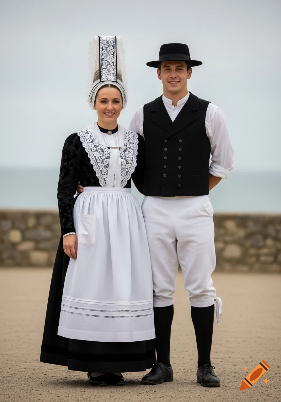 A man and woman in traditional Breton folk clothing stand outdoors. The woman wears a tall lace coiffe, black dress, and white apron; the man a dark vest, white shirt, and black hat.