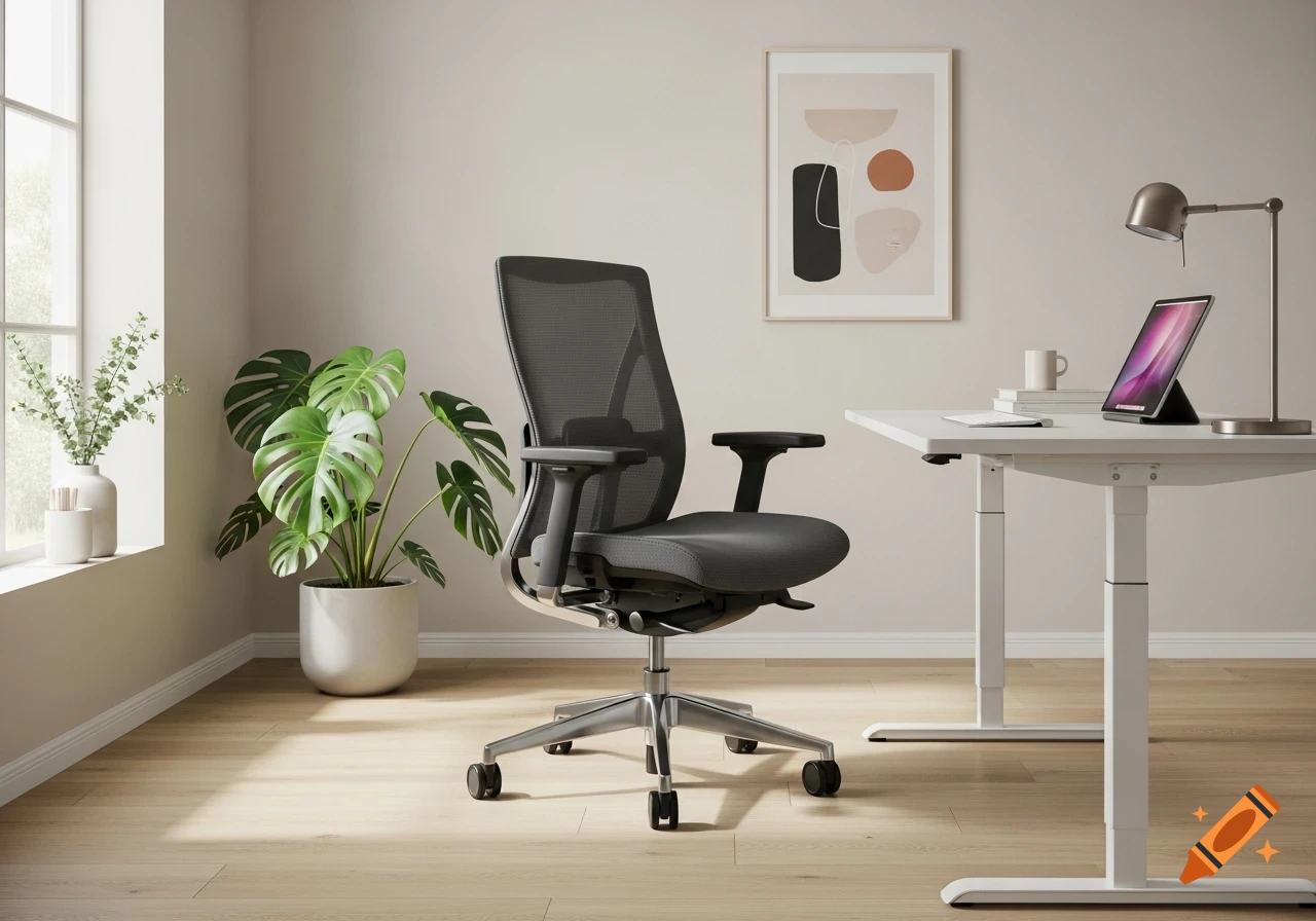 A bright, minimalist Scandinavian home office with a dark grey ergonomic chair, a white adjustable desk with an iPad, and a large Monstera plant.