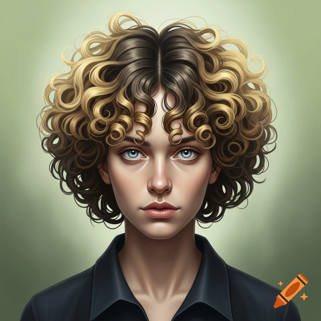 Close-up portrait of a person with blonde and brown curly hair and blue eyes, against a green background.