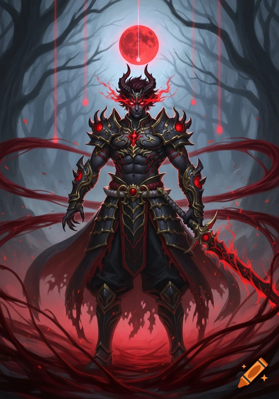 A stylized demon king in black and red ornate armor with horns and glowing red eyes holds a fiery sword in a dark, ominous forest under a red moon.