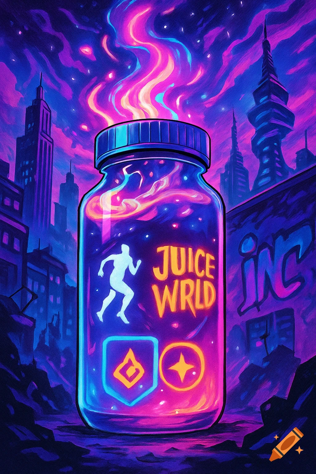 A glowing jar labeled 'JUICE WRLD' with a running figure and symbols inside, set against a vibrant neon cityscape with stylized buildings and a purple-pink sky. Flaming energy rises from the jar.