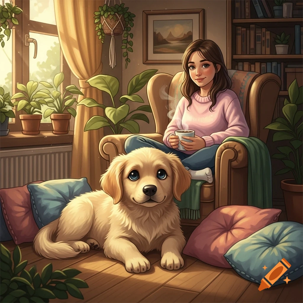 A cute golden retriever puppy lies on a wooden floor next to a woman relaxing in an armchair, surrounded by plants and books. Illustrated style.