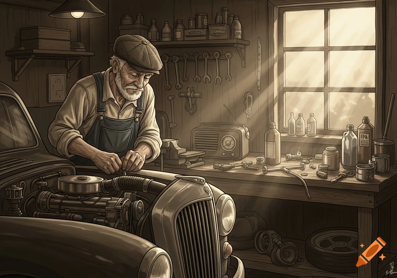Illustrated old man in a cap and overalls working on a vintage car engine in a sunlit garage.