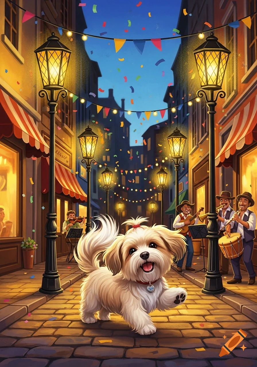 A fluffy Havanese dog happily walks down a festive, lantern-lit street at night, with musicians playing in the background.