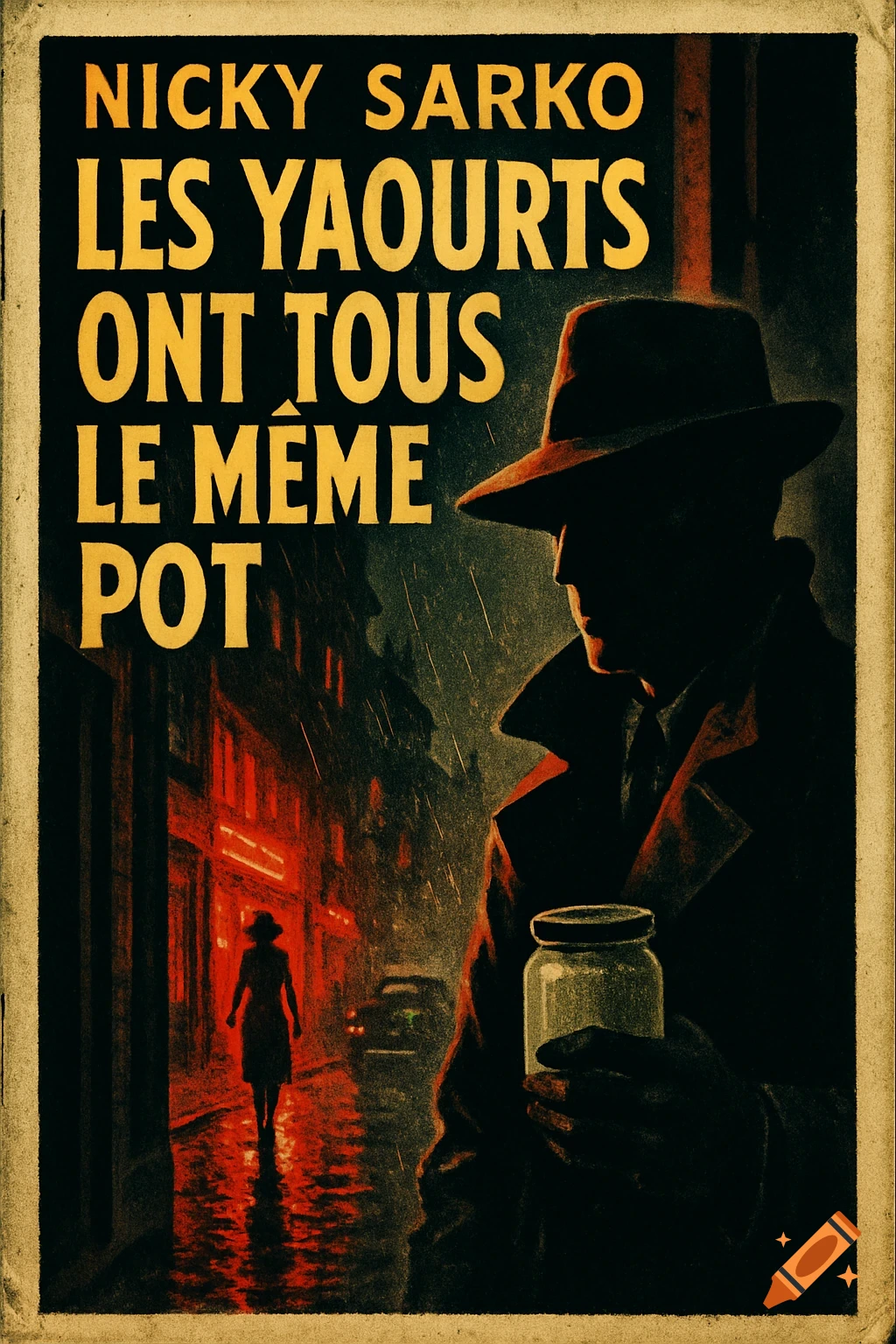 Pulp noir book cover with a trench-coat man holding a jar, a woman on a rainy street. Text: 'Nicky Sarko, Les yaourts ont tous le même pot'.