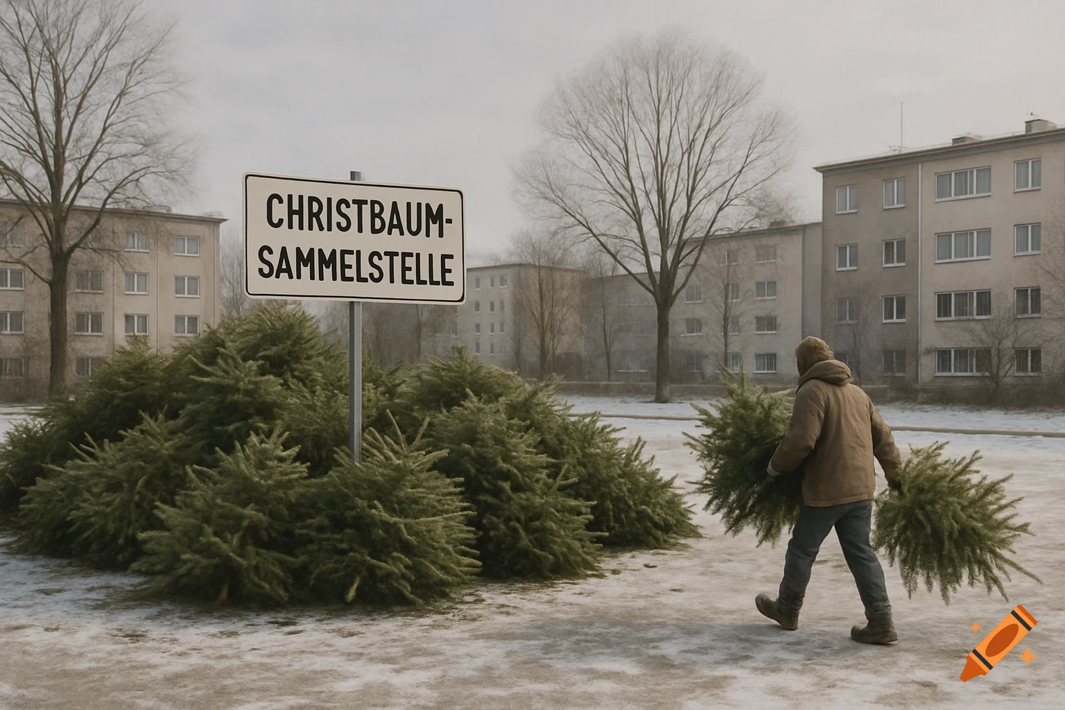 Photorealistic winter scene of a person carrying old Christmas trees to a collection point in a snowy urban area with apartment buildings.