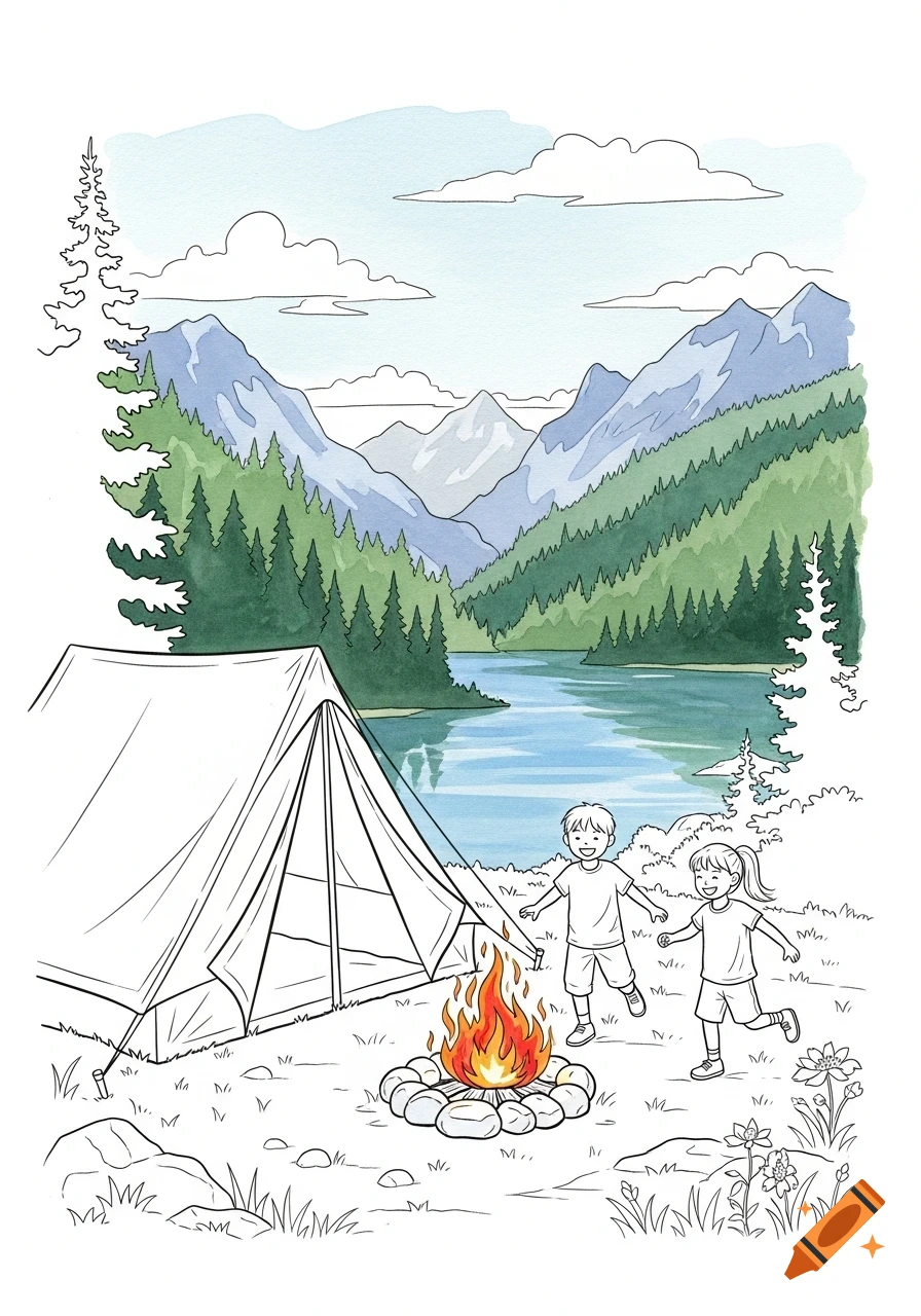Watercolor style coloring page of a camping scene with a tent, campfire, two children, a lake, mountains, and forest.
