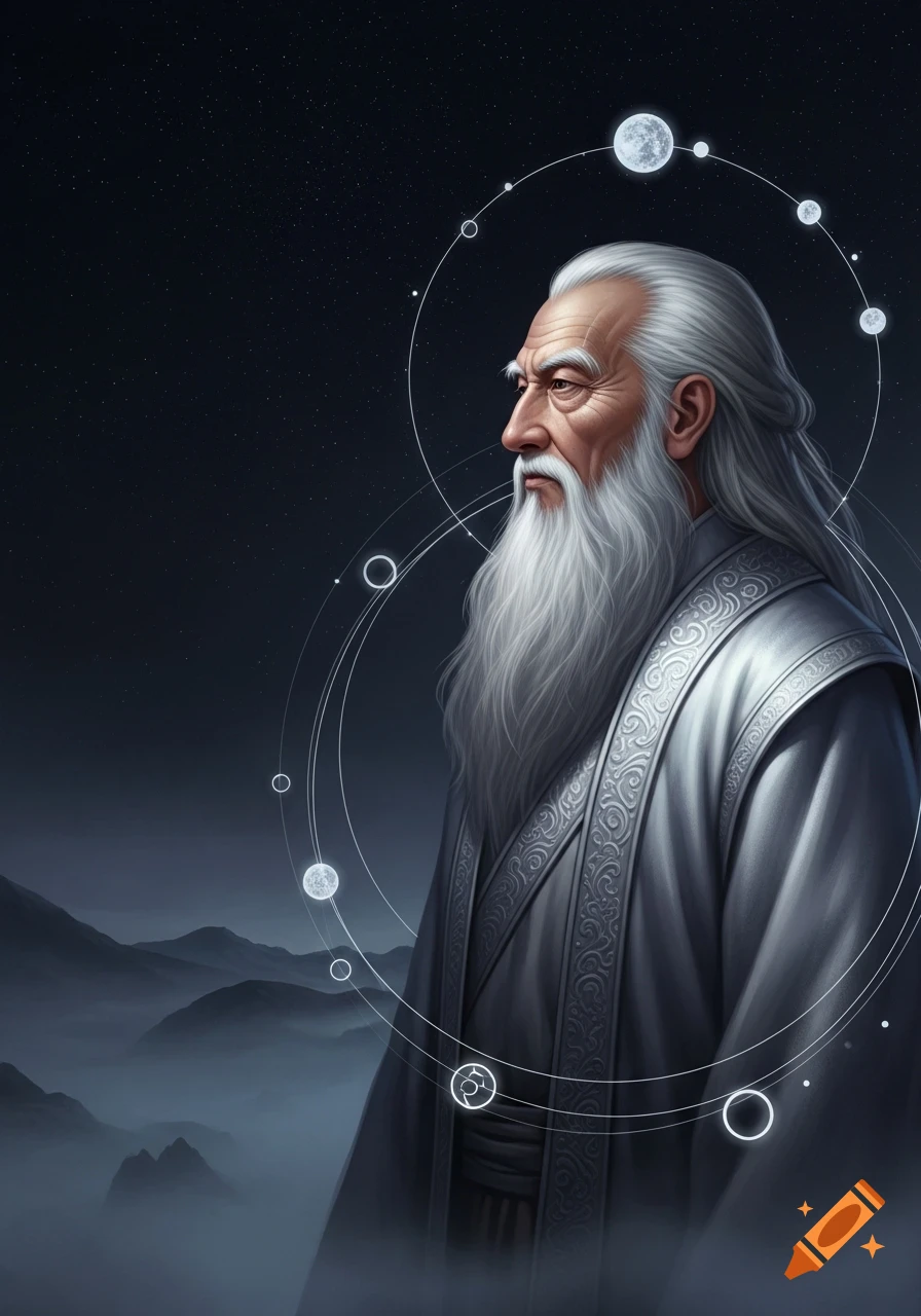 Digital painting of an old man with a long white beard and hair, in a ...
