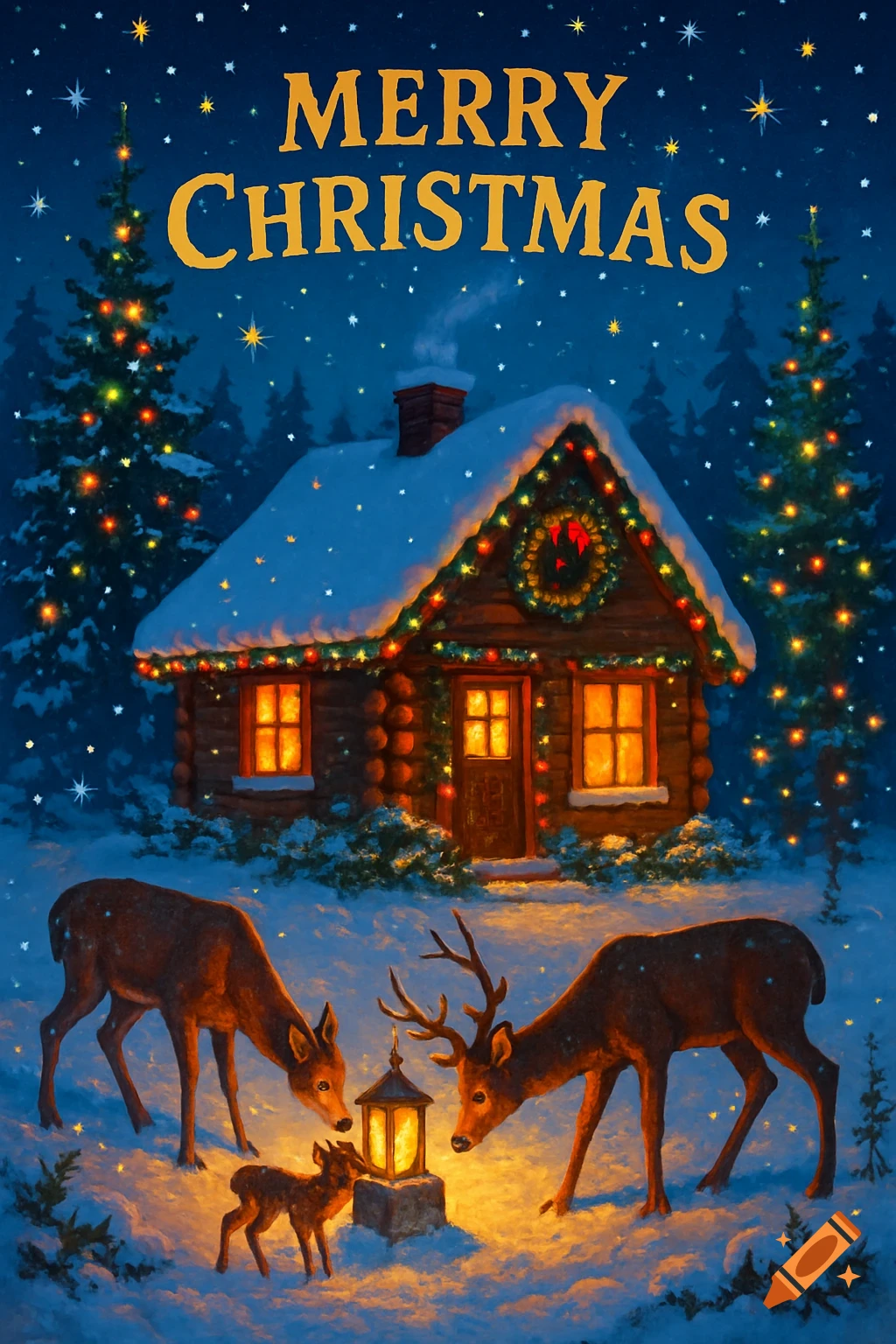 Festive illustration of a snowy log cabin with lights, deer around a lantern, and 'Merry Christmas' text under a starry night.
