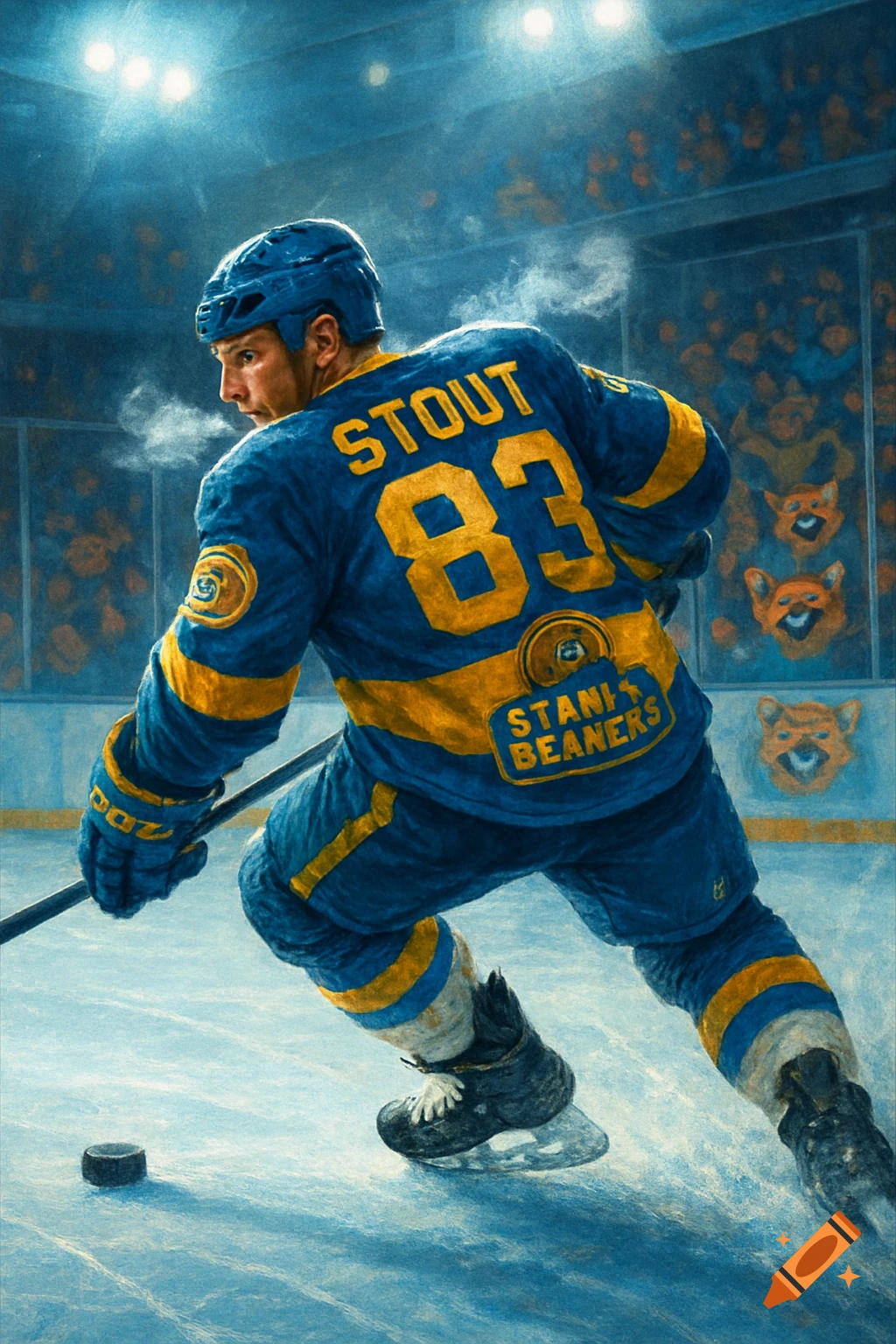 A male ice hockey player skates on the ice, stick in hand, with a puck nearby. He wears a blue and gold jersey with "STOUT 83" and "STANKY BEANERS" on the back, in a painterly style.