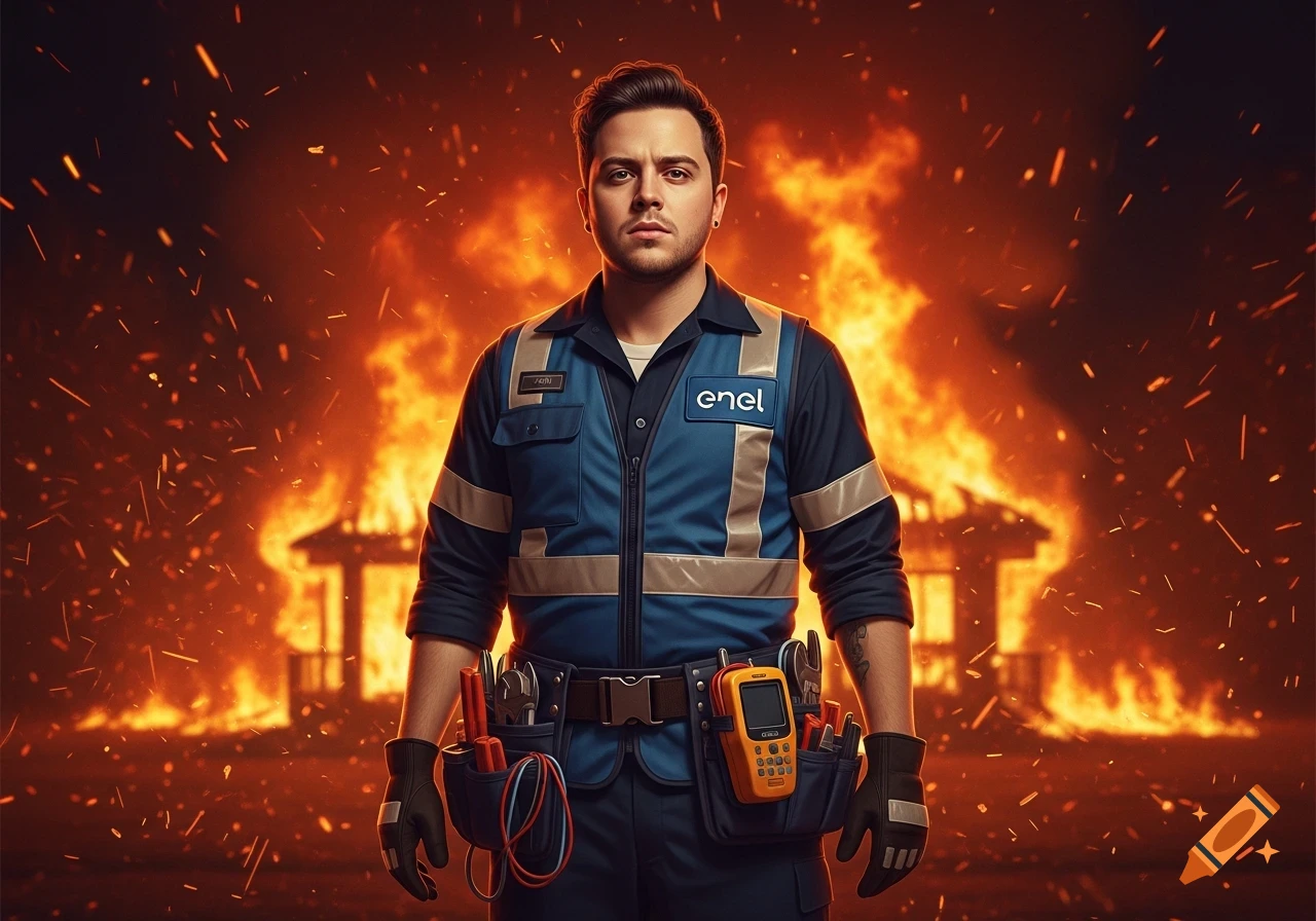 A man in a blue and gray utility vest with "enel" logo and tools on his belt stands in front of a burning house with flames and sparks flying around him.