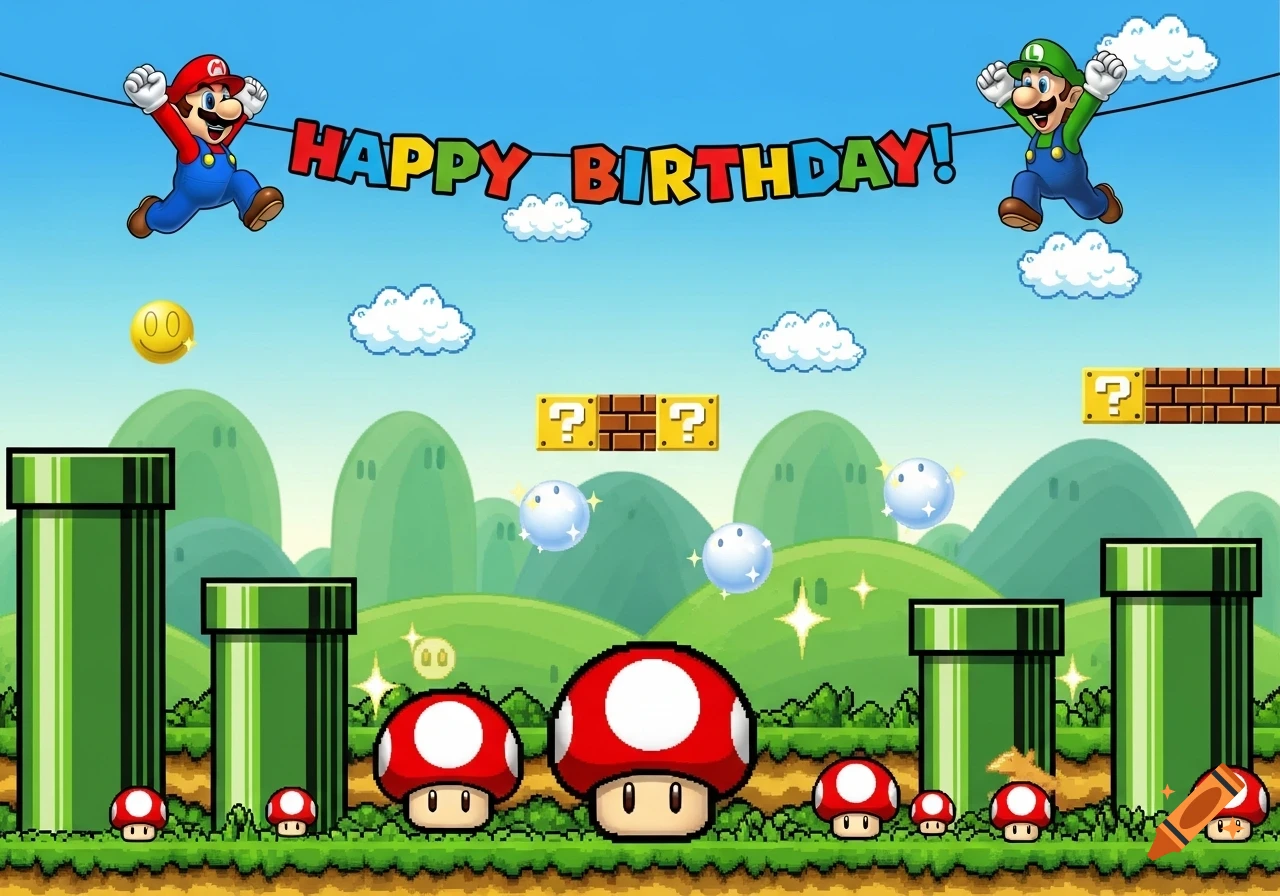 Mario and Luigi hang from a colorful "HAPPY BIRTHDAY!" banner above a classic Super Mario Bros. landscape with pipes, mushrooms, and question blocks.