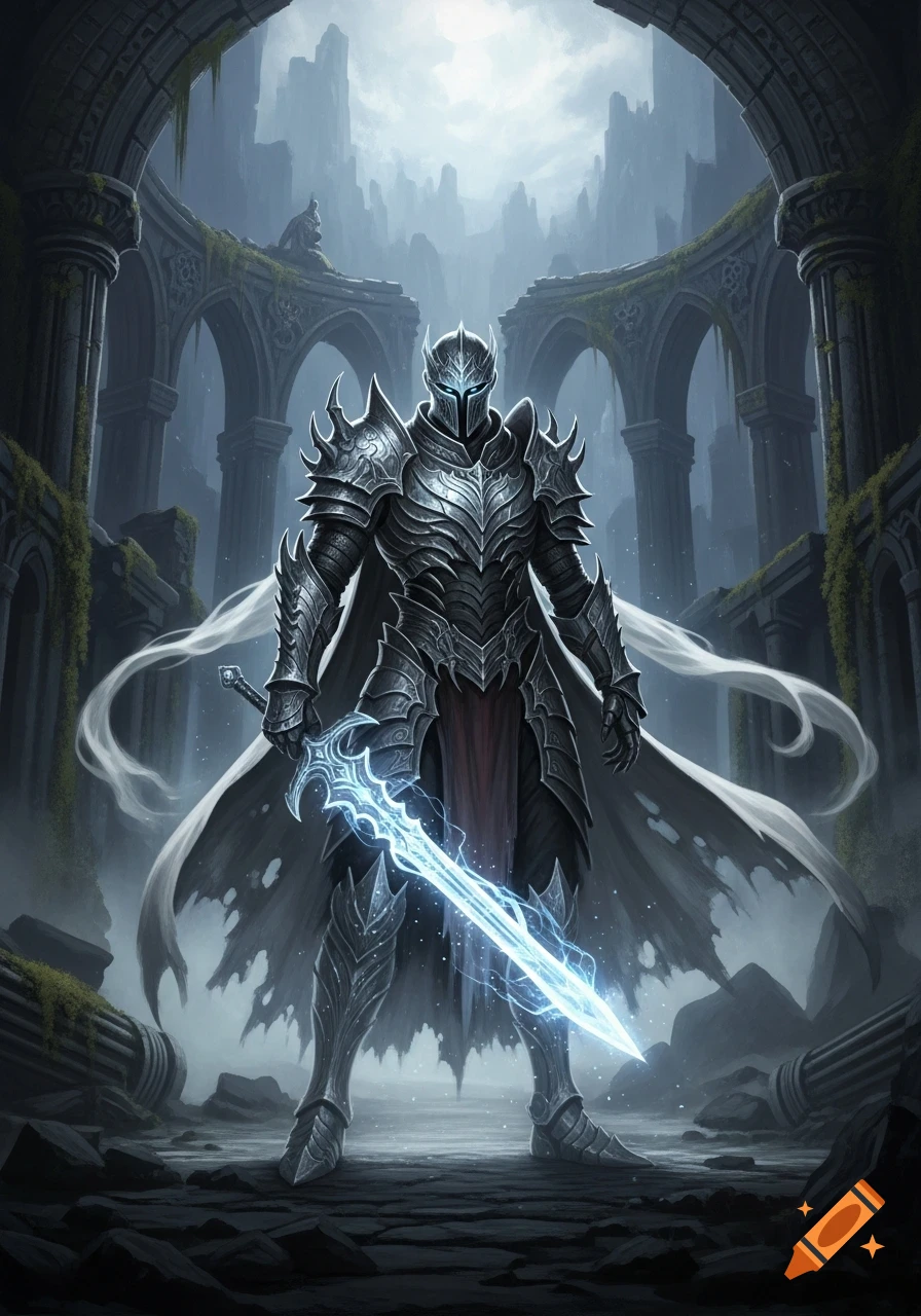 A formidable knight in ornate spiked armor with glowing blue eyes holds a radiant blue sword in a desolate ancient ruin under a cloudy sky.