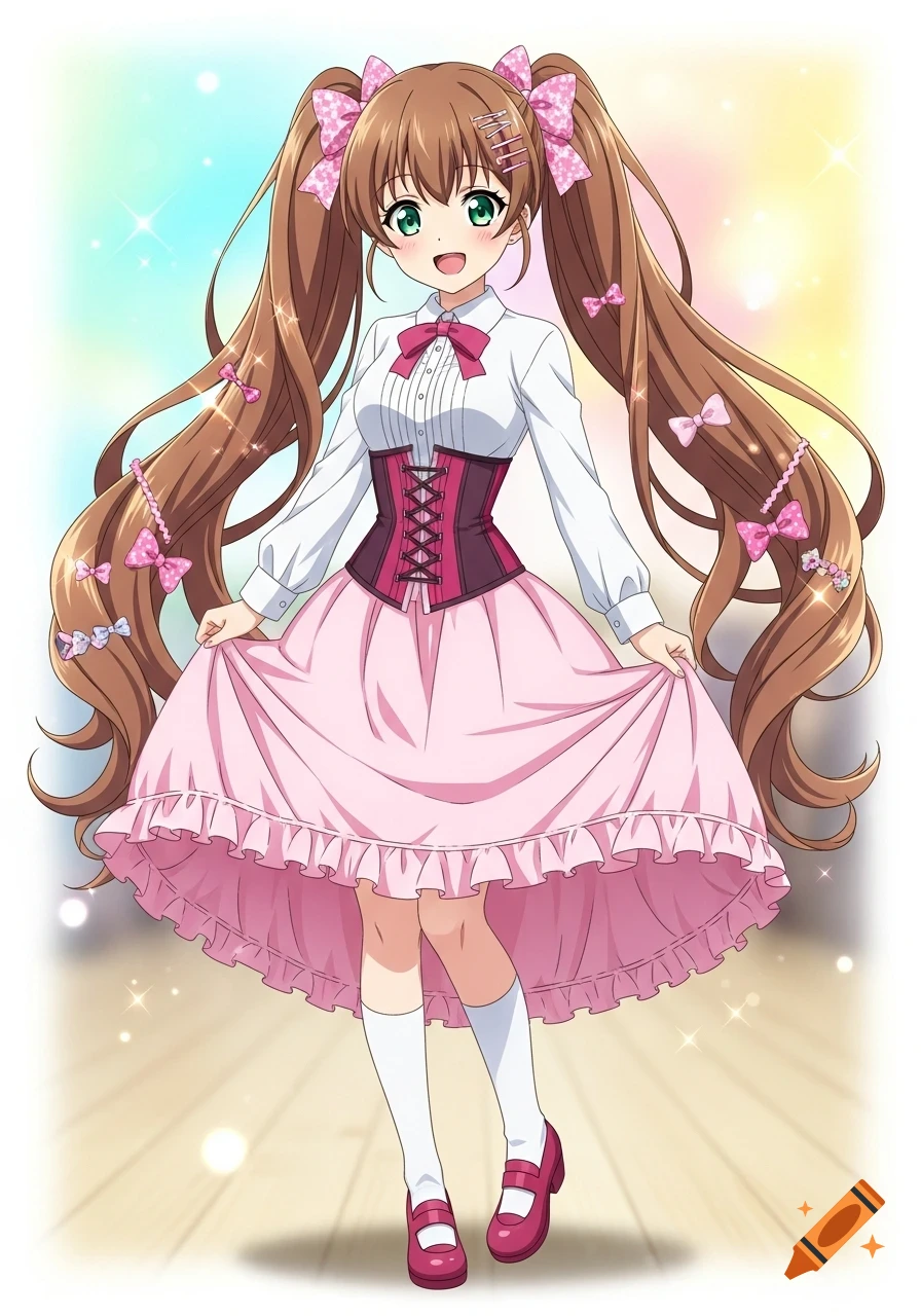 An anime girl with long brown pigtails, green eyes, wearing a white shirt, pink corset, and a pink poofy skirt.