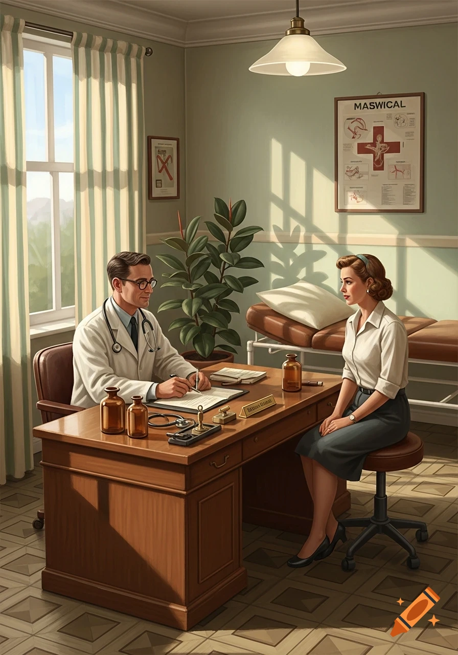 A retro illustration of a male doctor in a white coat at a desk with a female patient seated opposite him in a 1950s-era office.