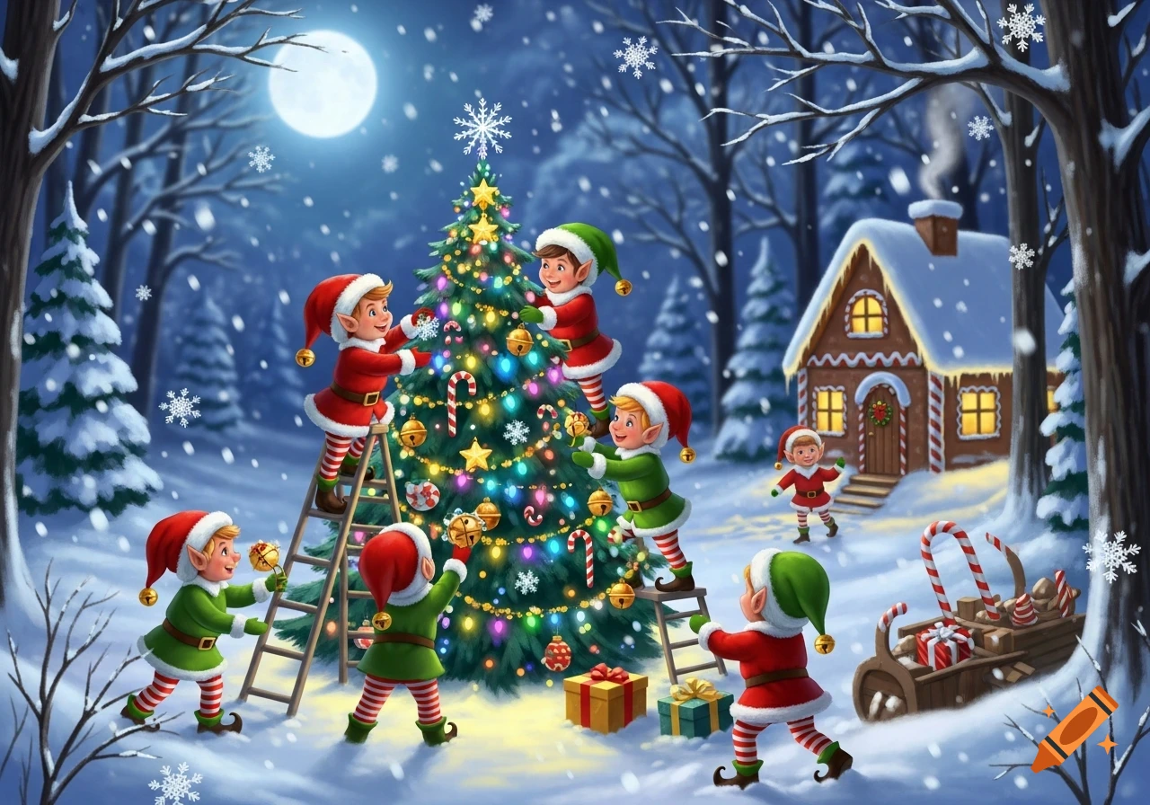 Cartoon elves decorate a festive Christmas tree in a snowy forest at night, with a full moon and a cozy gingerbread house.