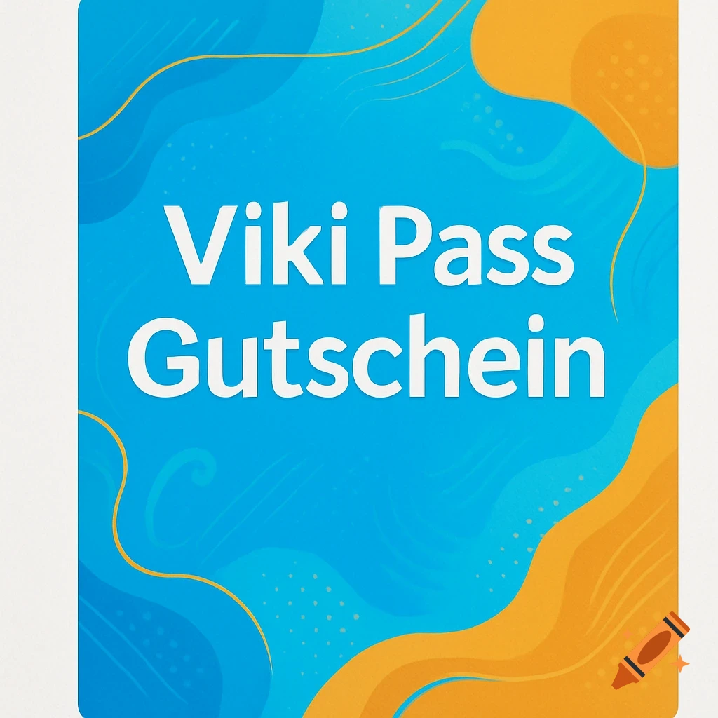 A blue and orange digital voucher with abstract shapes and the white text "Viki Pass Gutschein".