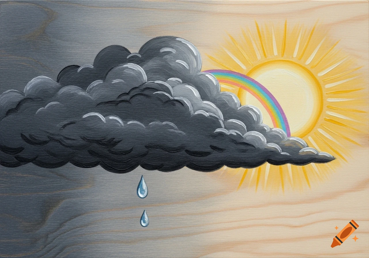 An artistic illustration on wood depicts a dark storm cloud raining on the left, merging into a bright yellow sun and rainbow on the right.